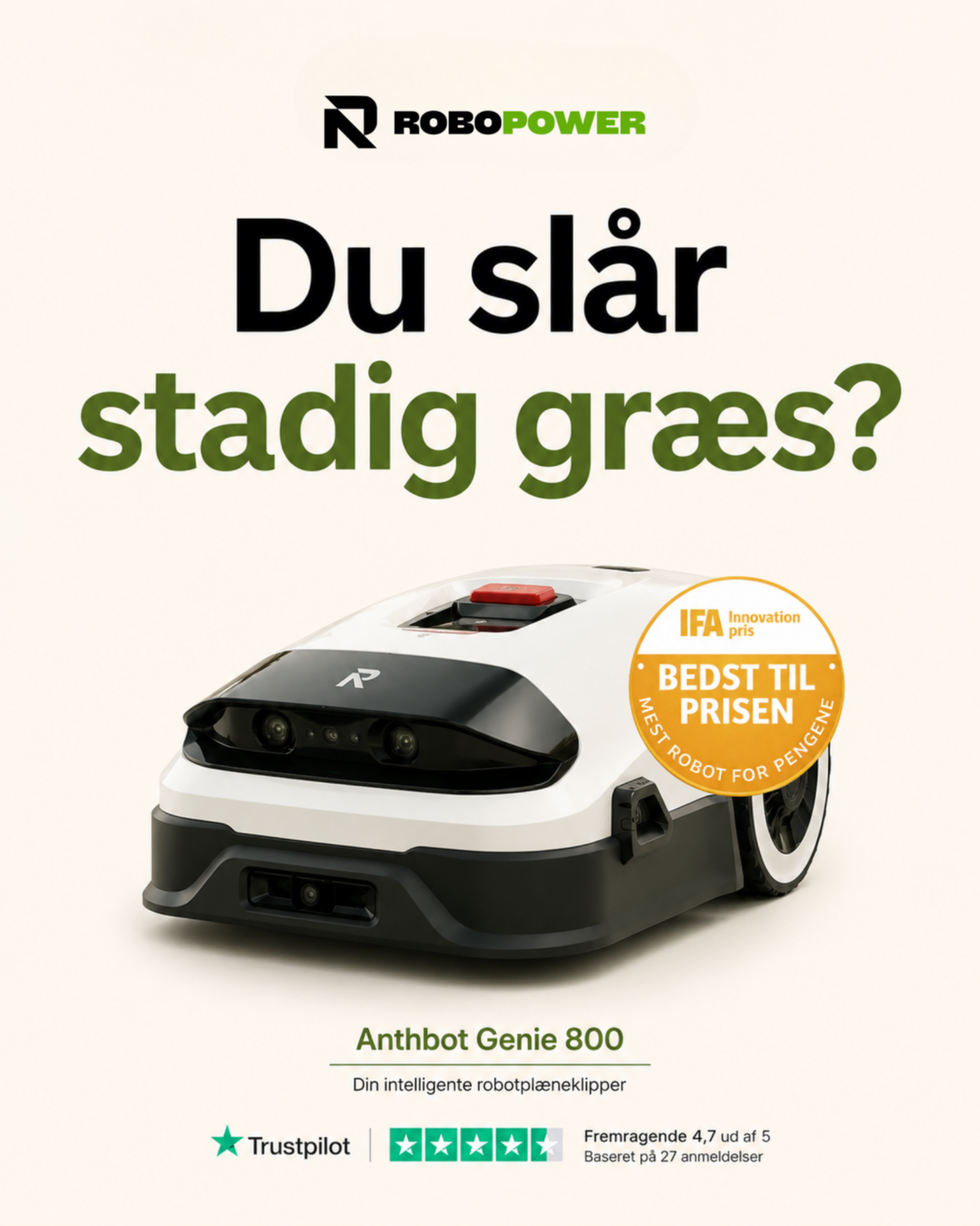 Robopower - robotplæneklippere med bedre service Facebook ad: Din nye havemand, kun 6.999 kr.