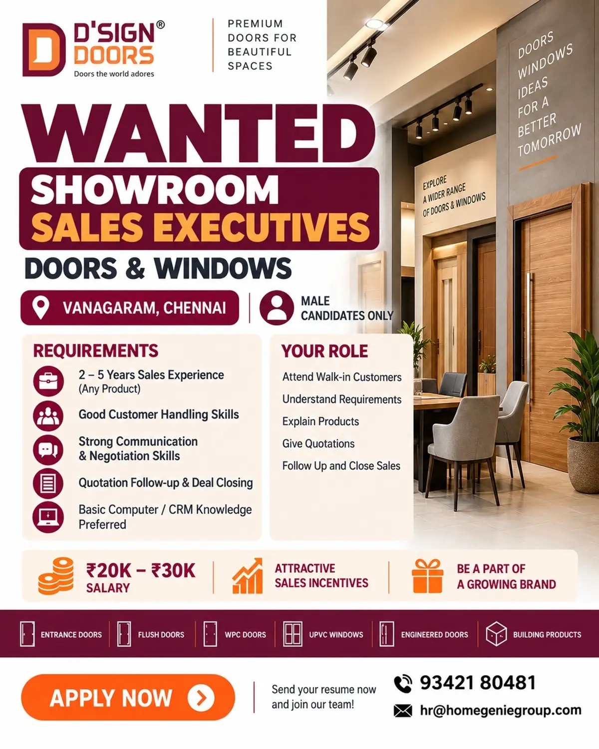 D'Sign Doors Facebook ad: Send your Resume to us