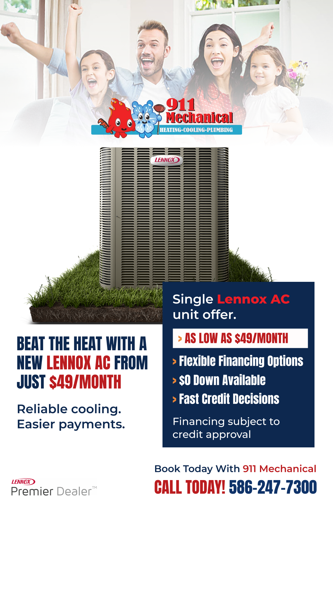 911 Mechanical Heating-Cooling-Plumbing Facebook ad: New Lennox AC From $49/Month