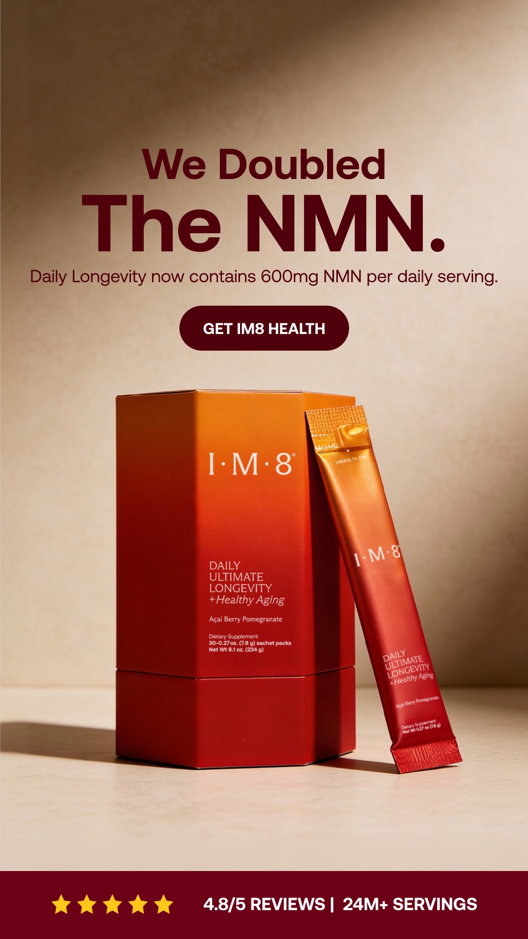 IM8 Health Facebook ad: Twice the NMN. Built for the Long Game.