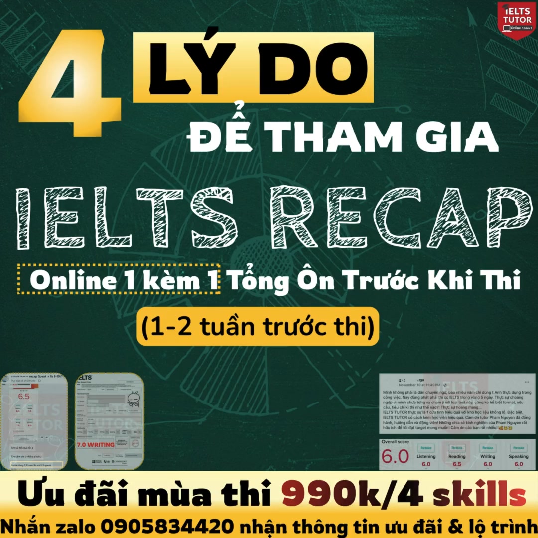 ieltstutor.vn - Chấm bài IELTS Writing Speaking online hàng đầu Việt Nam Facebook ad: Còn 1-2 tuần nữa thi khoá IELTS RECAP…