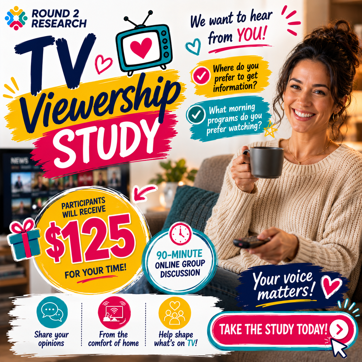 Round2Research Facebook ad: TV Viewership Study - $125 Reward