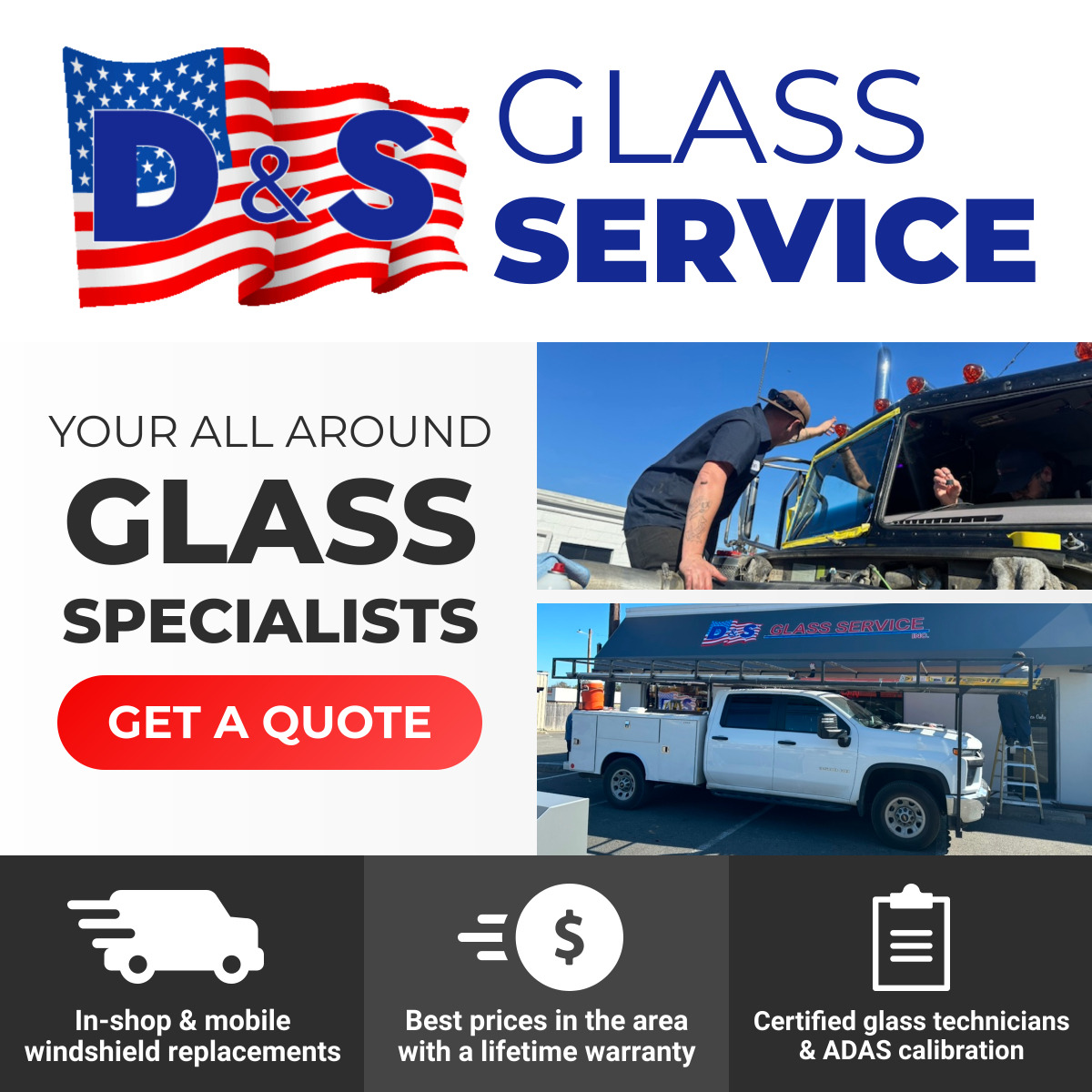 D & S Glass Service Facebook ad: Auto & Home Glass Pros