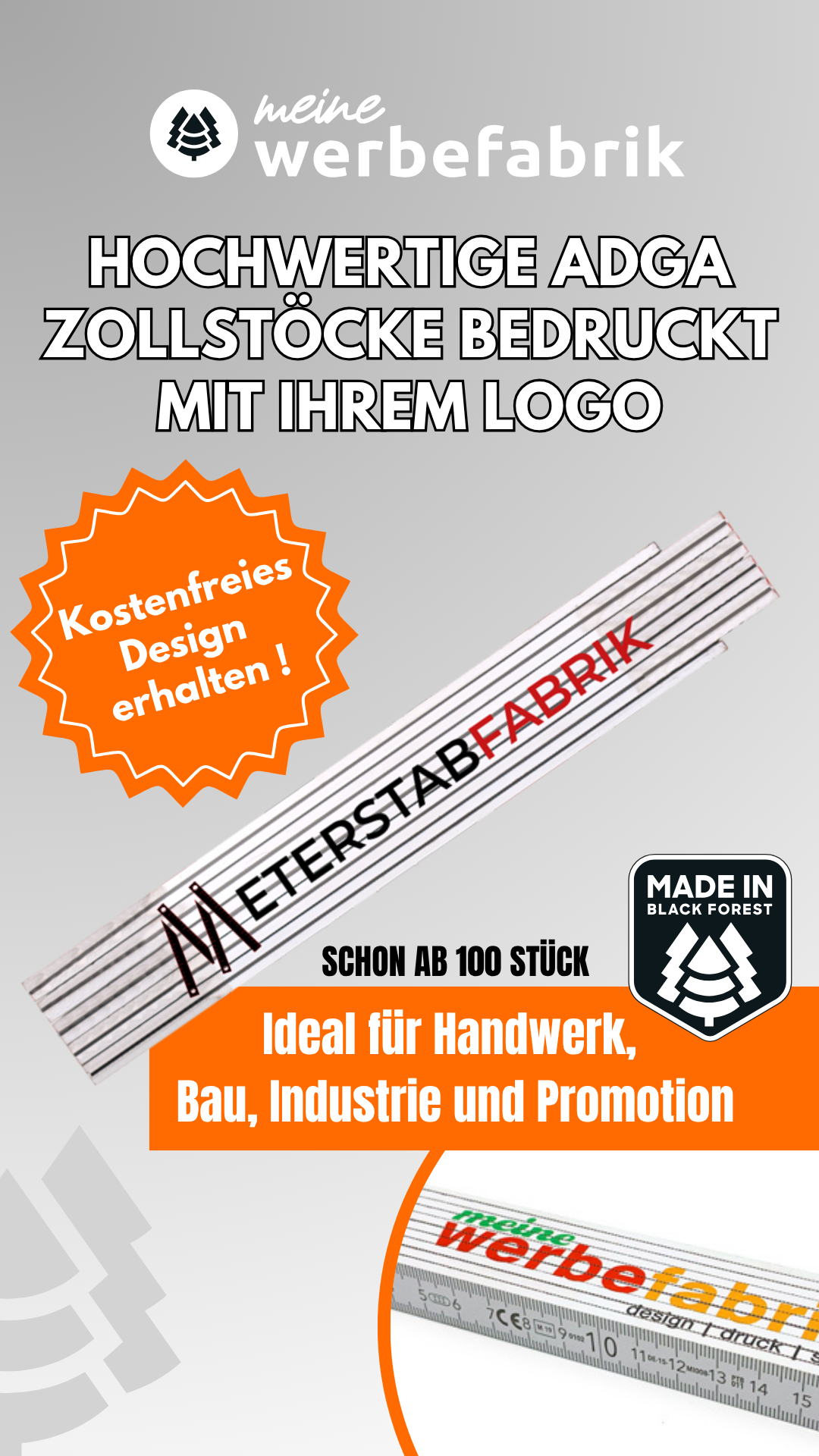 Meinewerbefabrik Facebook ad: Hochwertige Zollstöcke bedruckt mit Logo, ab 100 Stück
