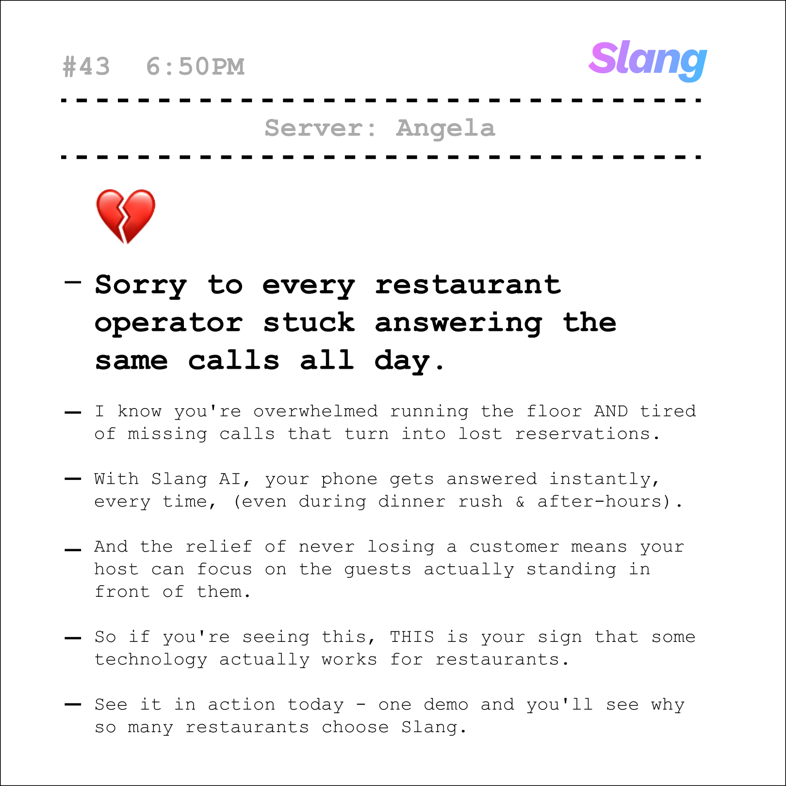 Slang AI Facebook ad: 24/7 Phone Answering for OpenTable Restaurants