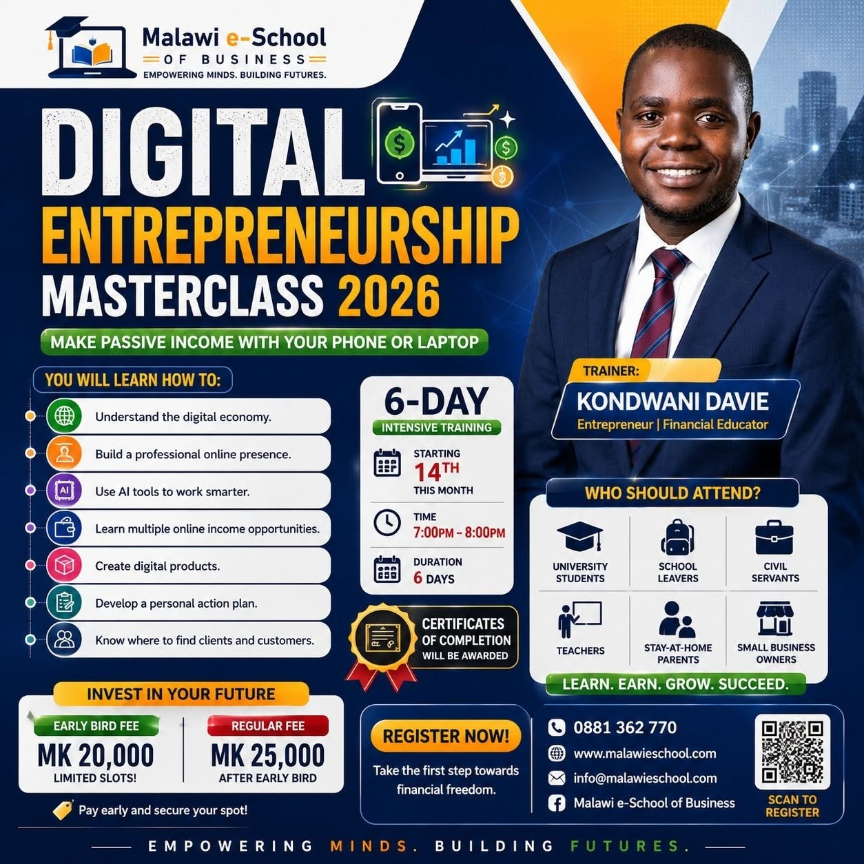 Malawi e School Facebook ad: DIGITAL ENTREPRENEURSHIP MASTERCLASS 2026