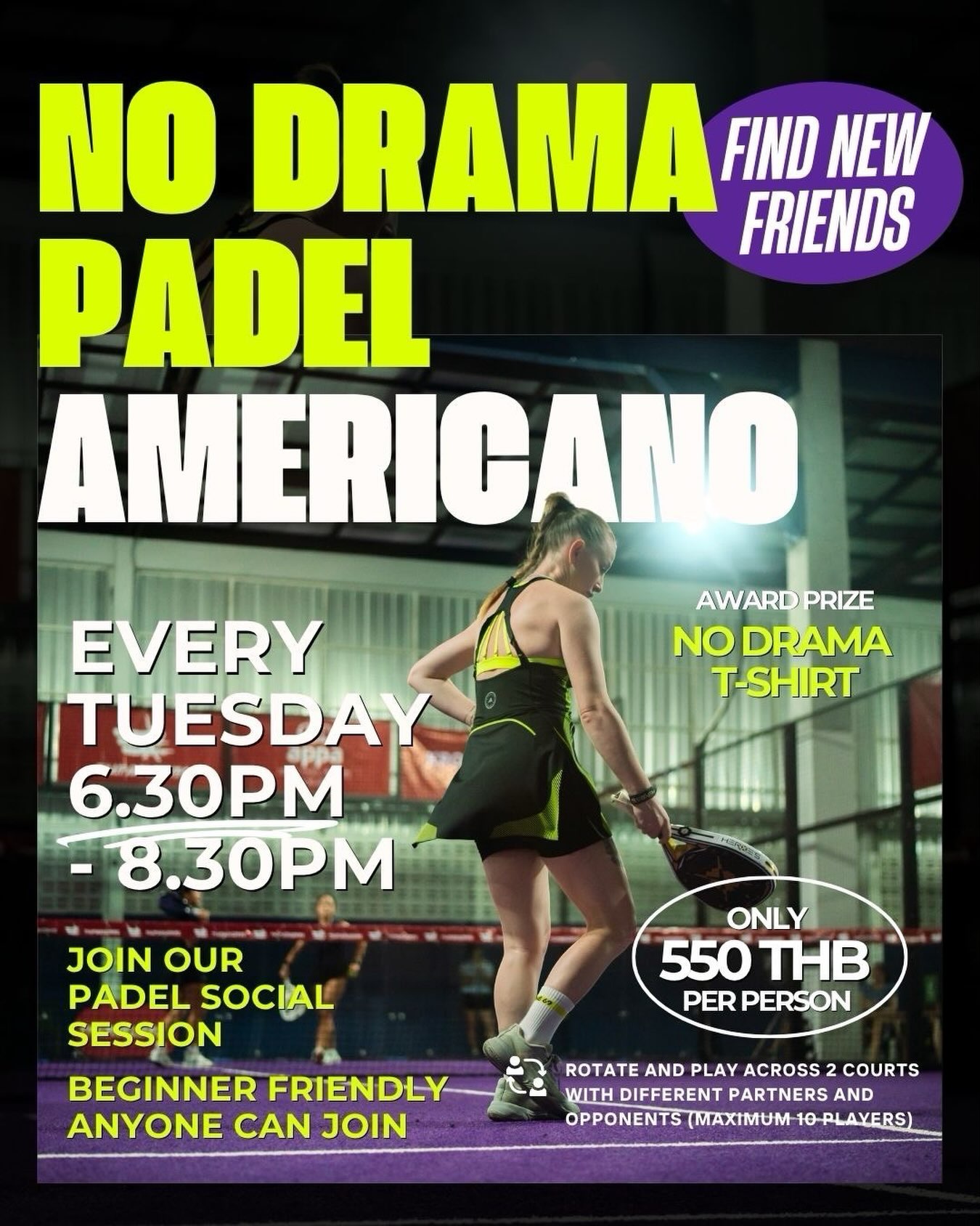 No Drama Padel Bangkok Facebook ad: NOW OPEN! Join the ultimate Padel community at…