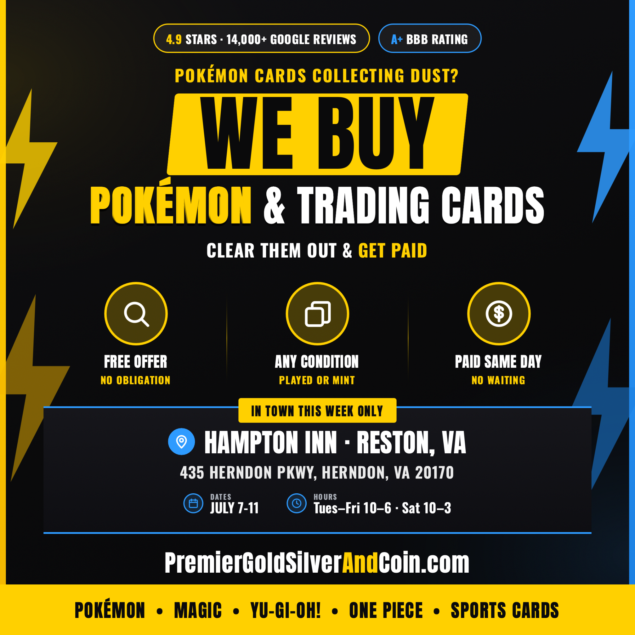 Premier Gold, Silver, and Coin Facebook ad: We Buy Trading Cards, Reston, VA
