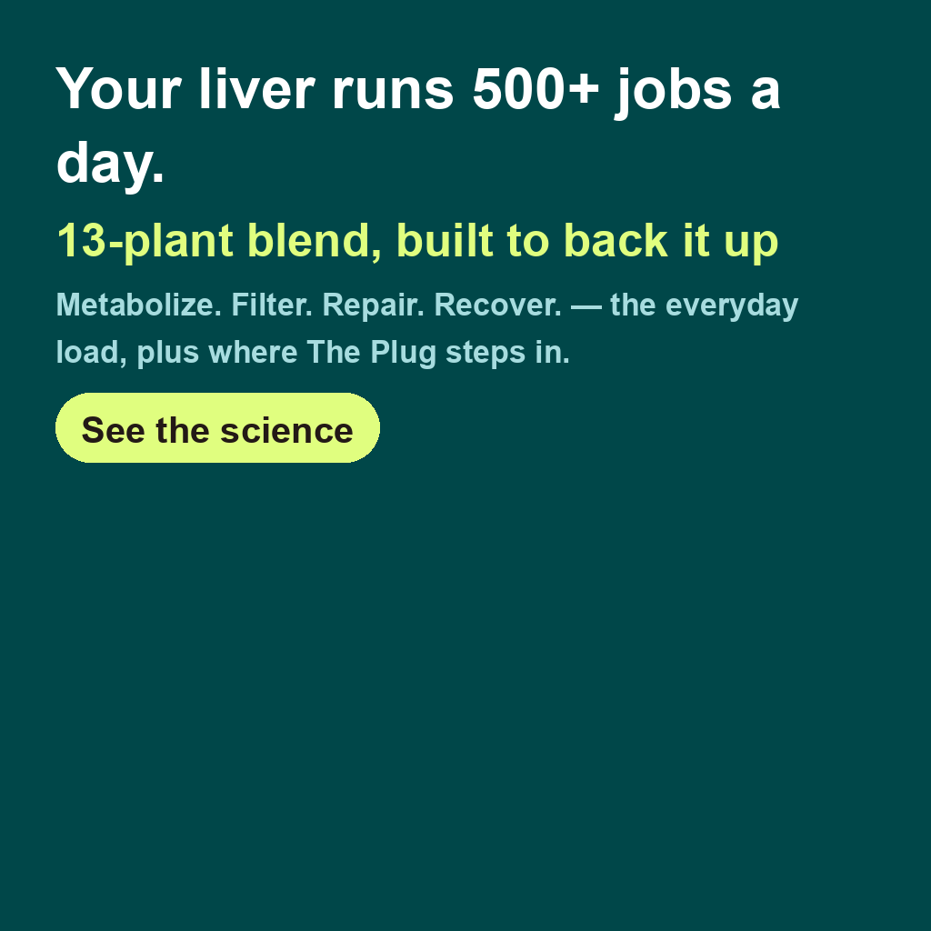 The Plug Drink Facebook ad: Your liver runs 500+ jobs a day.