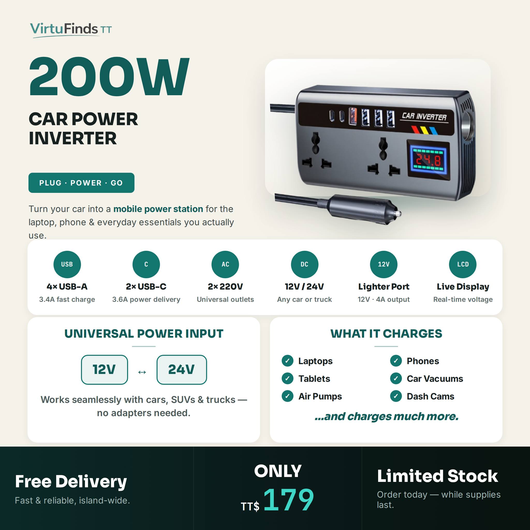VirtuFindstt Facebook ad: Turn your car into a mobile power station.