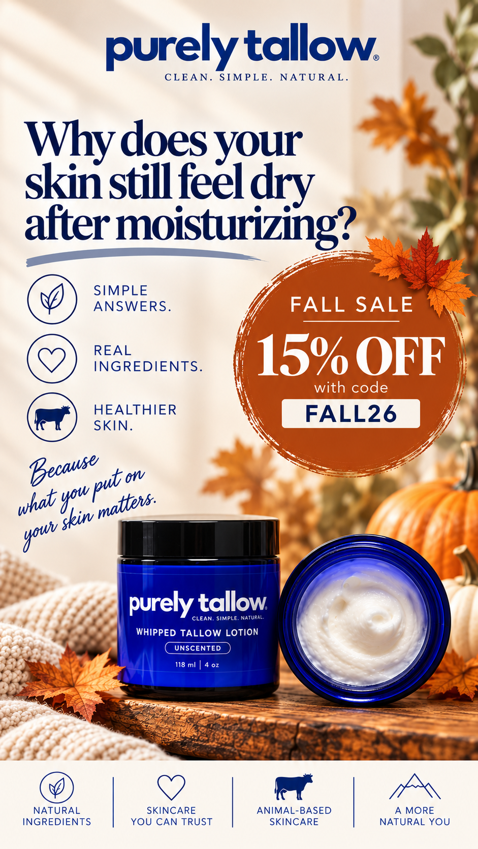 Purely Tallow Skincare Facebook ad: Still Dry After Moisturizing?