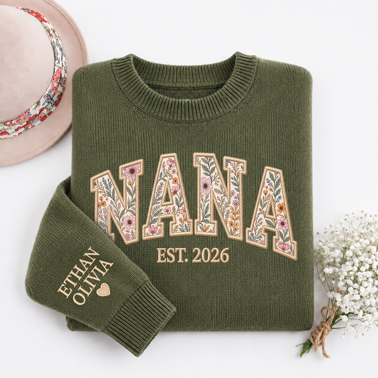 Giantbighands - Embroidered Gifts Facebook ad: Custom Floral Nana Knit Sweater, Personalized Applique…
