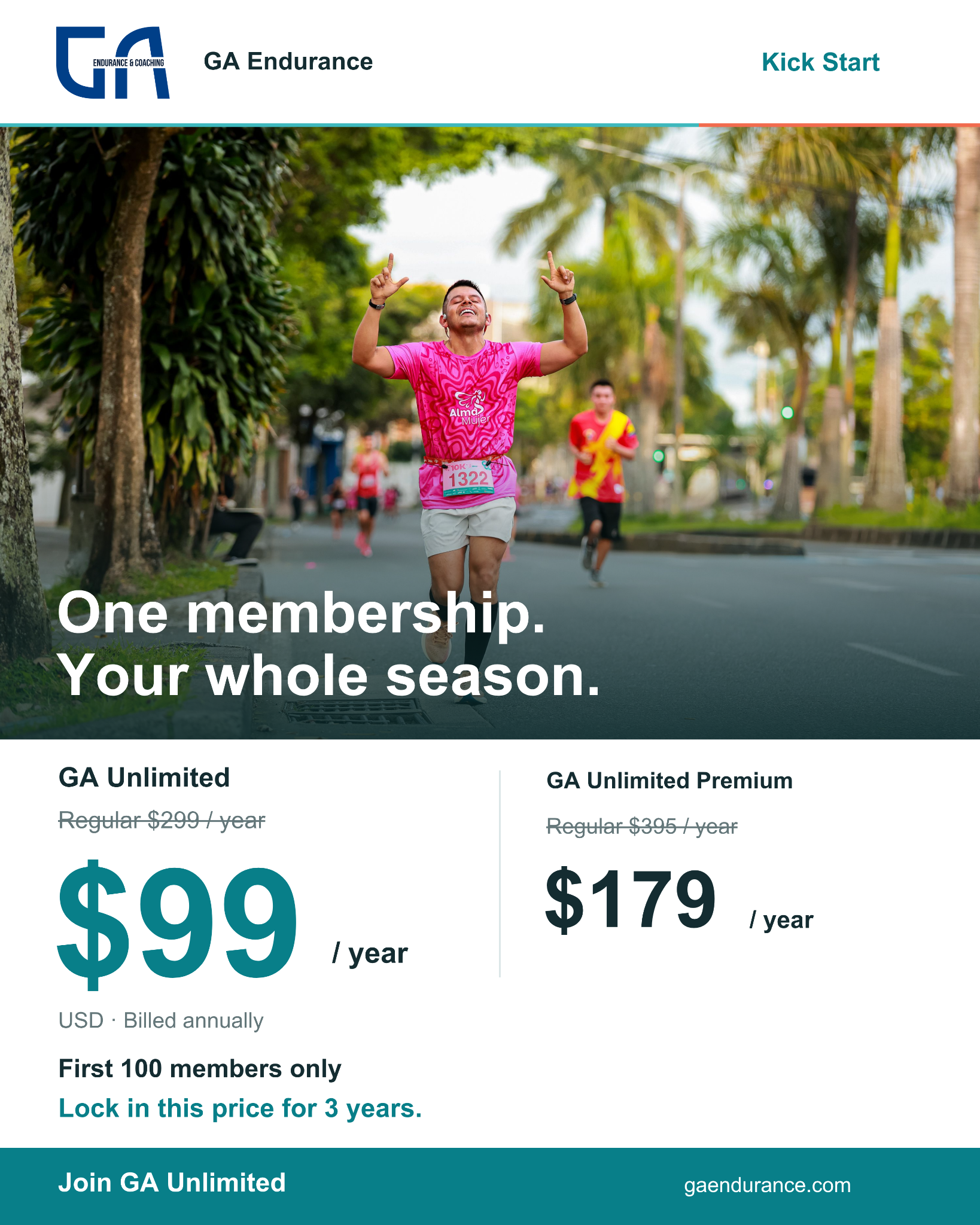 GA Endurance Coaching Facebook ad: One Membership. Your Whole Season.