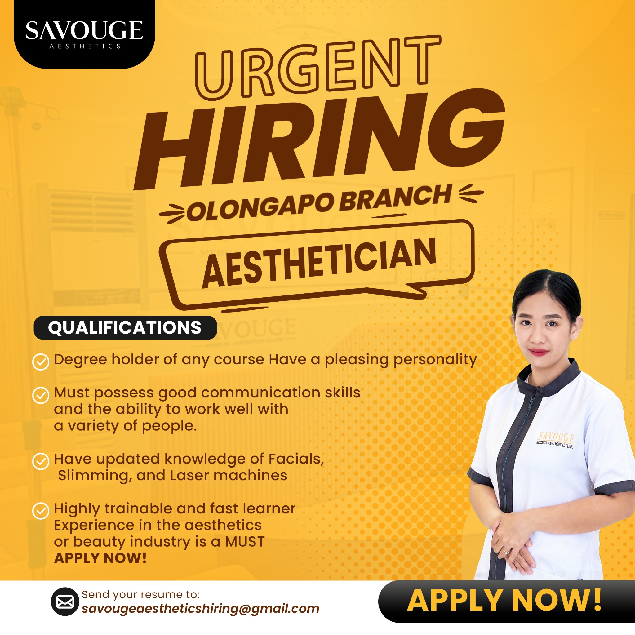 Opportunities by Savouge Aesthetics Facebook ad: HIRING, AESTHETICIAN in Olongapo