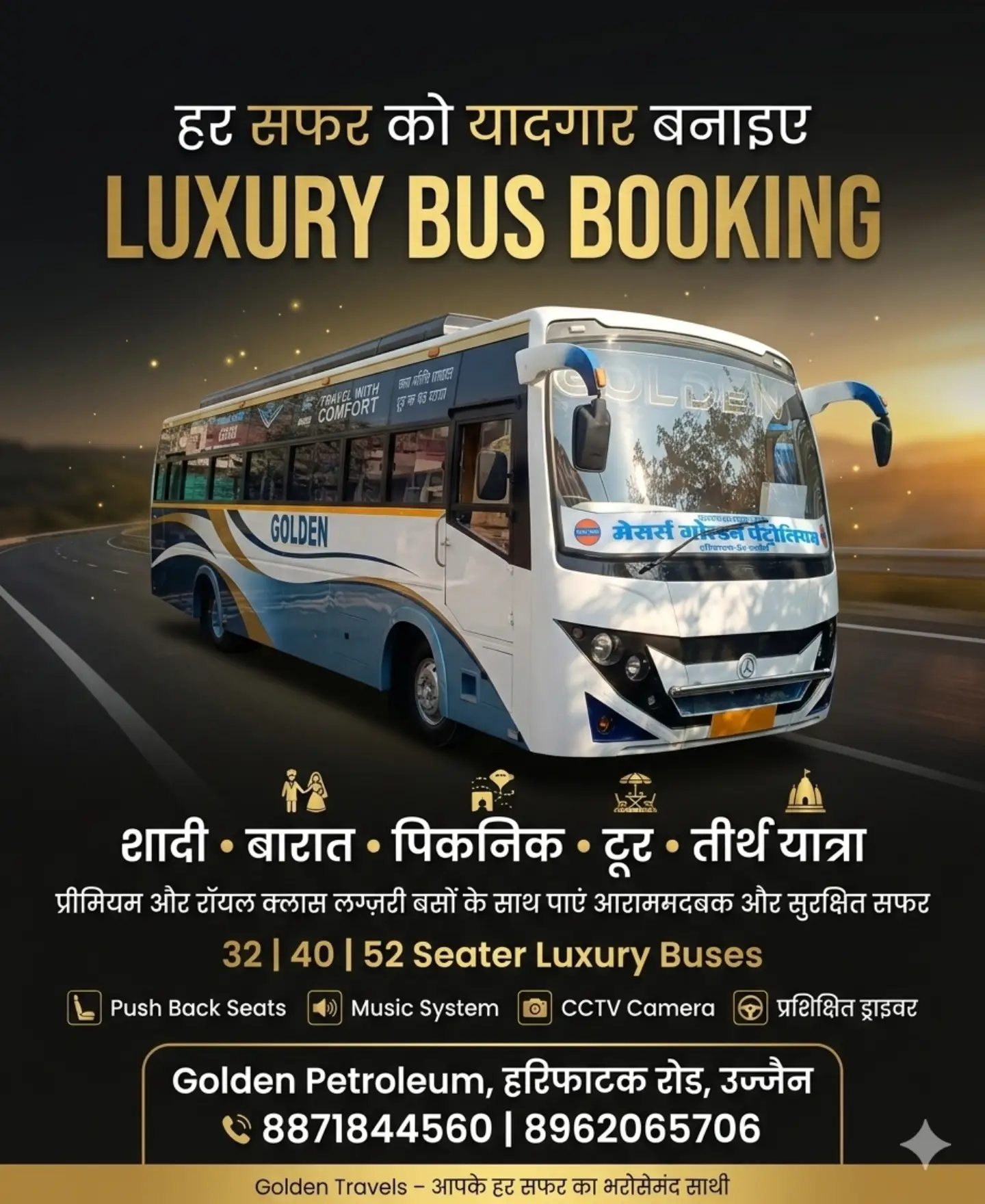 Golden Travels & Cargo services Facebook ad: Luxury Bus Booking in Ujjain, Golden Travels