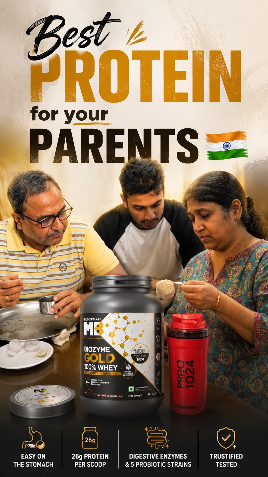 MuscleBlaze Facebook ad: Choosing a protein for your parents isn’t just…