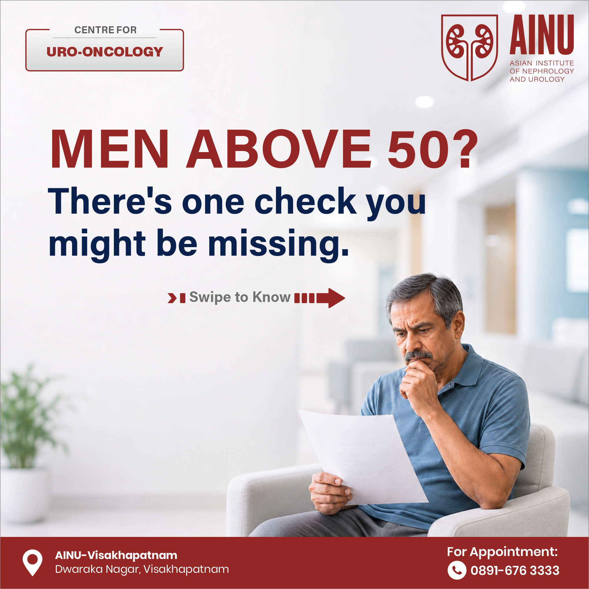 AINU Hospital - Visakhapatnam Facebook ad: Men 50+, don’t overlook your prostate health.
