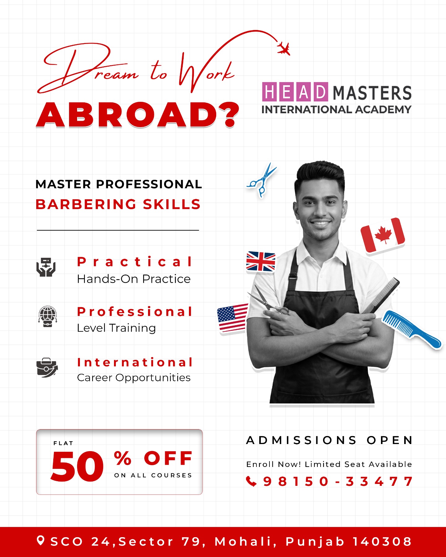 Headmasters Academy Mohali Facebook ad: Master The Art Of Barbering & Go Global!