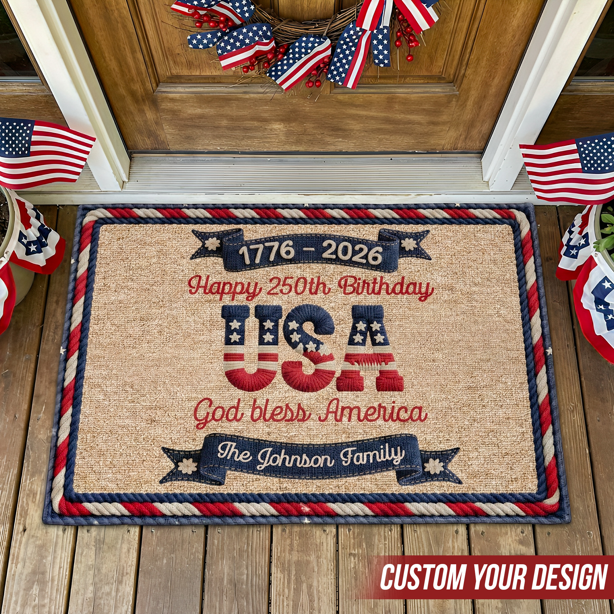 Ma Corner Facebook ad: Usa 250Th Birthday Faux Yarn Pattern - Personalized Doormat