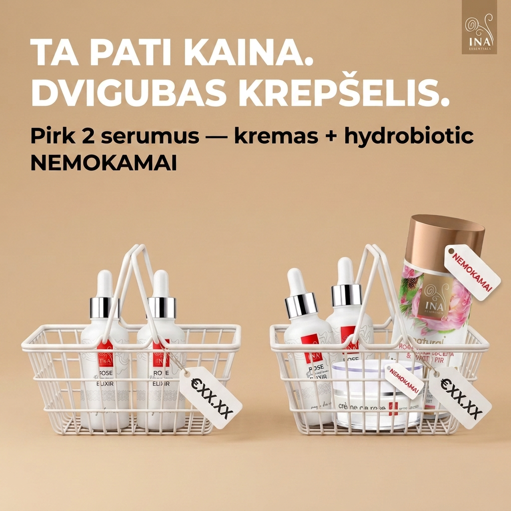Organinė Kosmetika - InaEssentials.LT Facebook ad: Pirk 2 serumus Rose Elixir, kremą ir Hydrobiotic dovanų