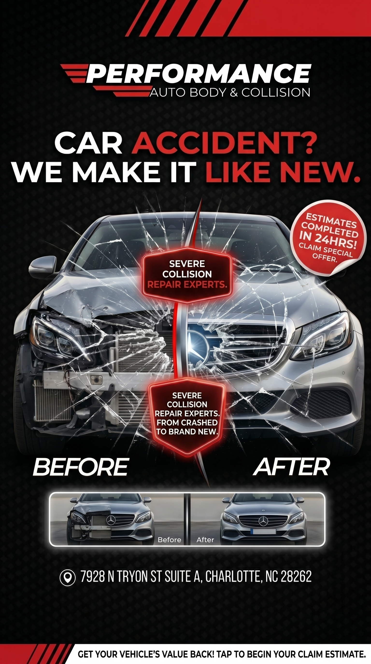 Performance Auto Collision Facebook ad: Car Trouble? Book Your Repair Slot Online in Seconds!