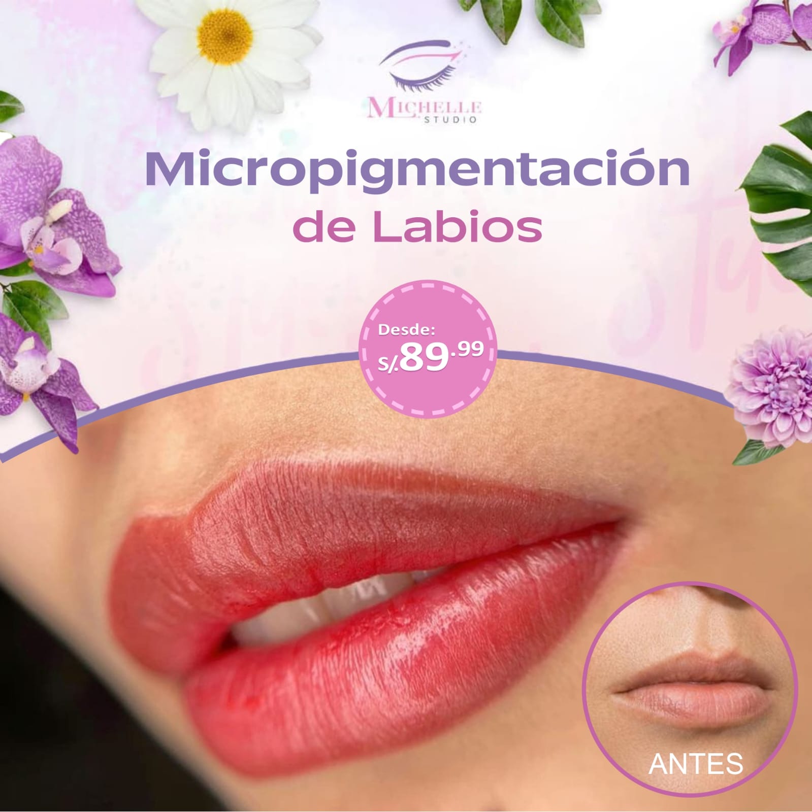 Michelle estudio Facebook ad: Labios perfectos todo el día