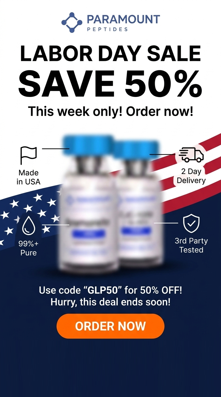 Paramount Peptides Sale Facebook ad: 50% OFF GIP's Labor Day Sale!