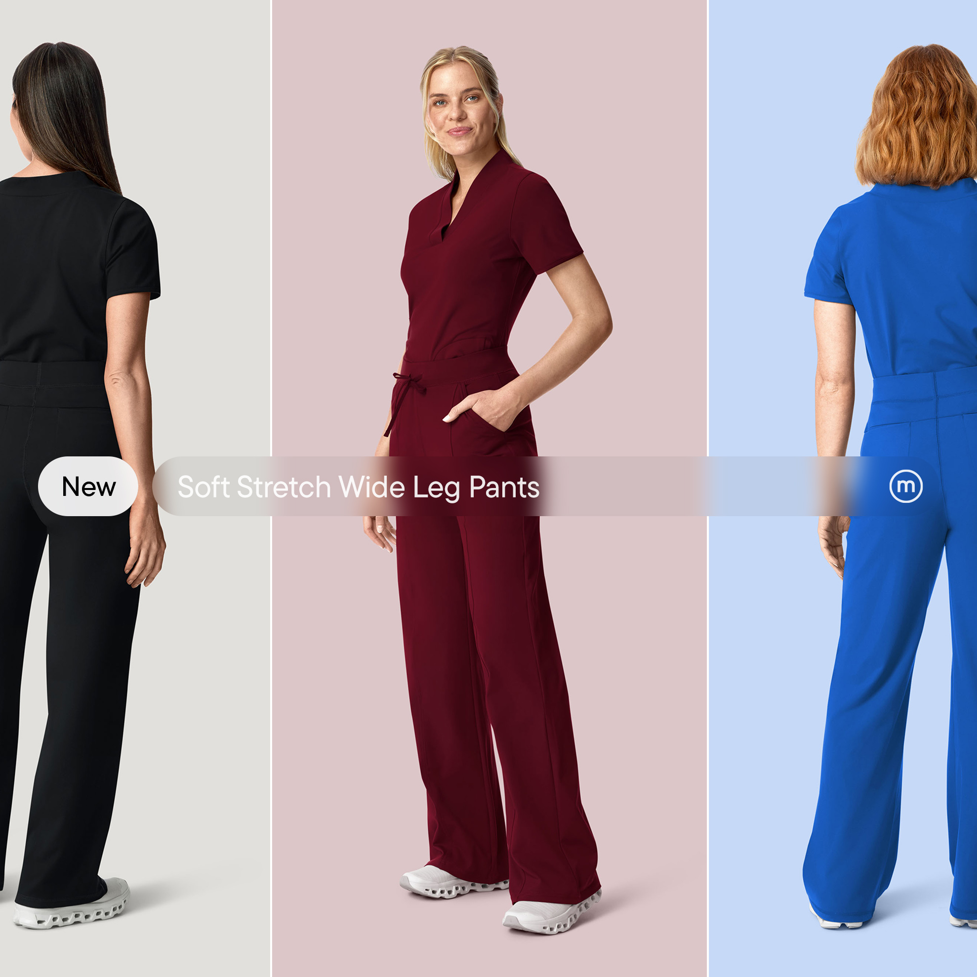 Mandala Scrubs Facebook ad: Soft. Stretchy. Spill-Repellent.