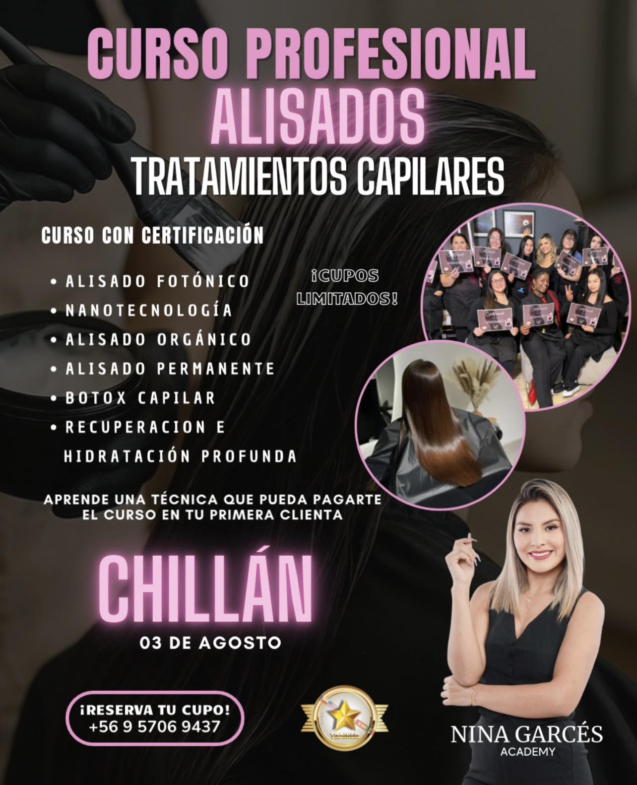 Nina Garcés Academy Facebook ad: CHILLÁN CURSO DE ALISADOS Y TRATAMIENTOS CAPILARES