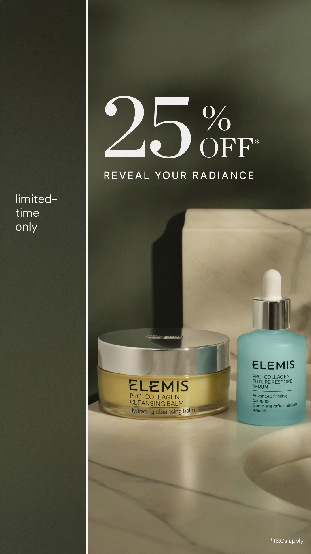Elemis Facebook ad: 25% off: reveal your radiance