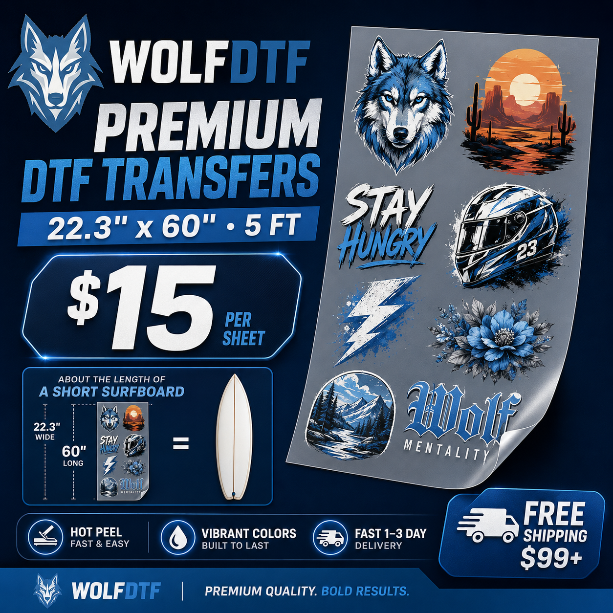 Wolf DTF Print Center Facebook ad: Premium DTF Transfers