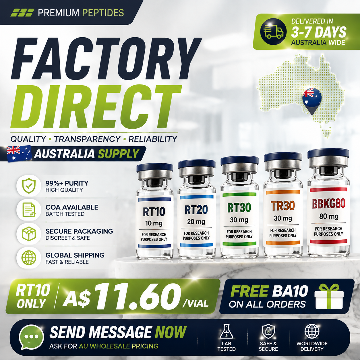 AU Peptide Research Supply Facebook ad from Aug 17, 2026