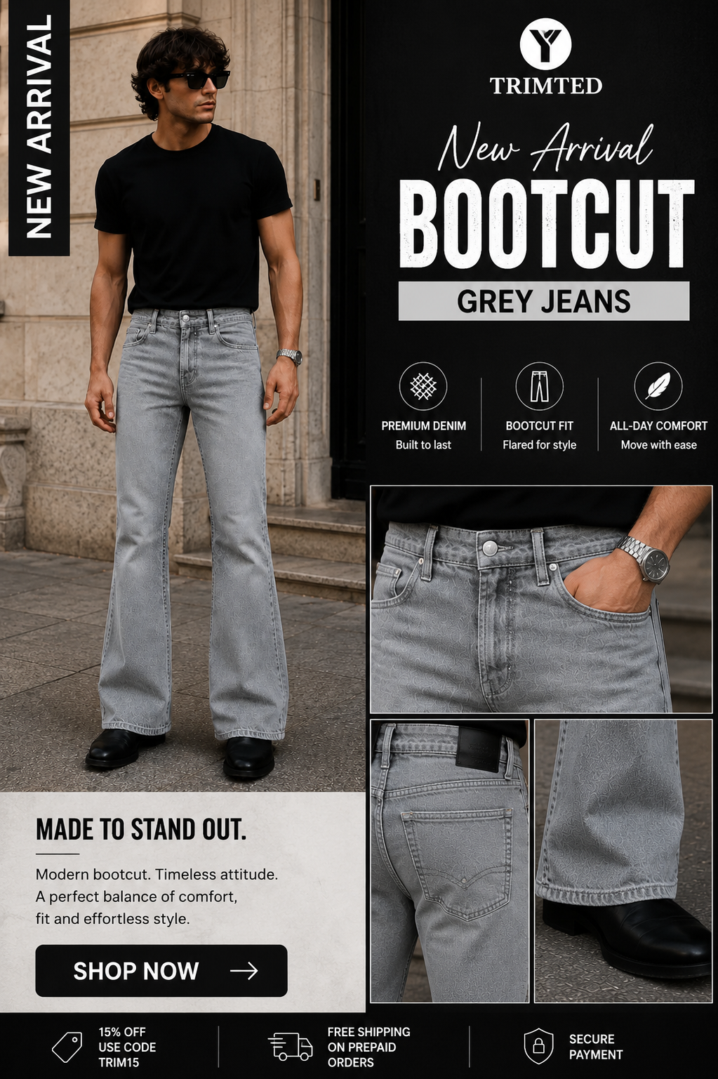 Trimted Facebook ad: TRIMTED Shadow Grey Bootcut Jeans