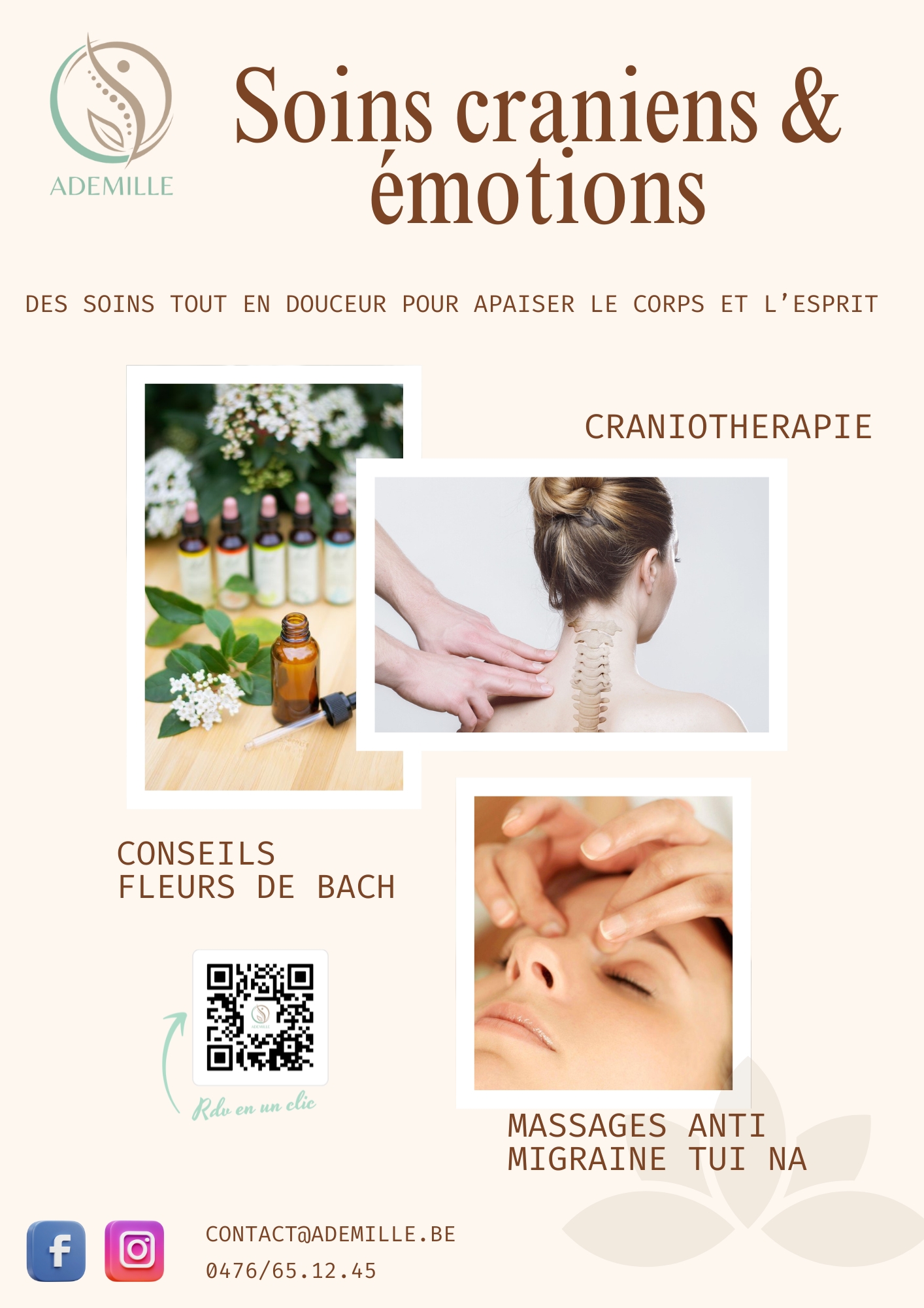 Ademille Facebook ad: Ademille, Craniothérapie, Fleurs de Bach & Massage…