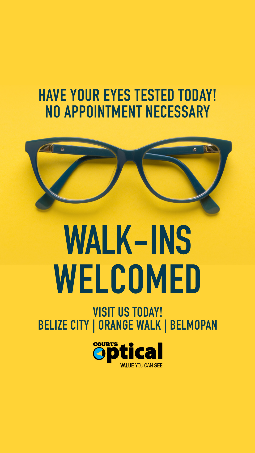 Courts Optical Belize Facebook ad: Walk-Ins Welcomed