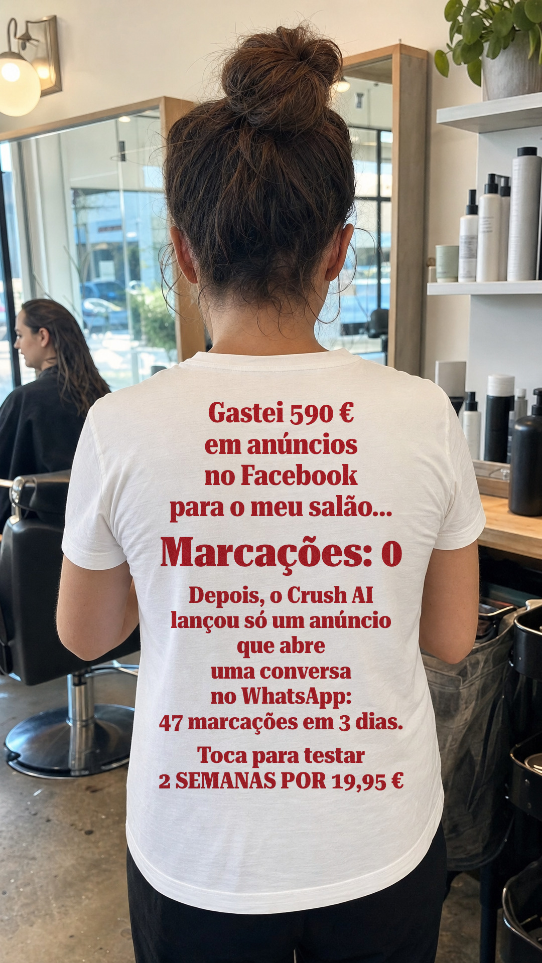 trycrush.ai Facebook ad: 590 € e 0 marcações. Depois, 47 em 3 dias