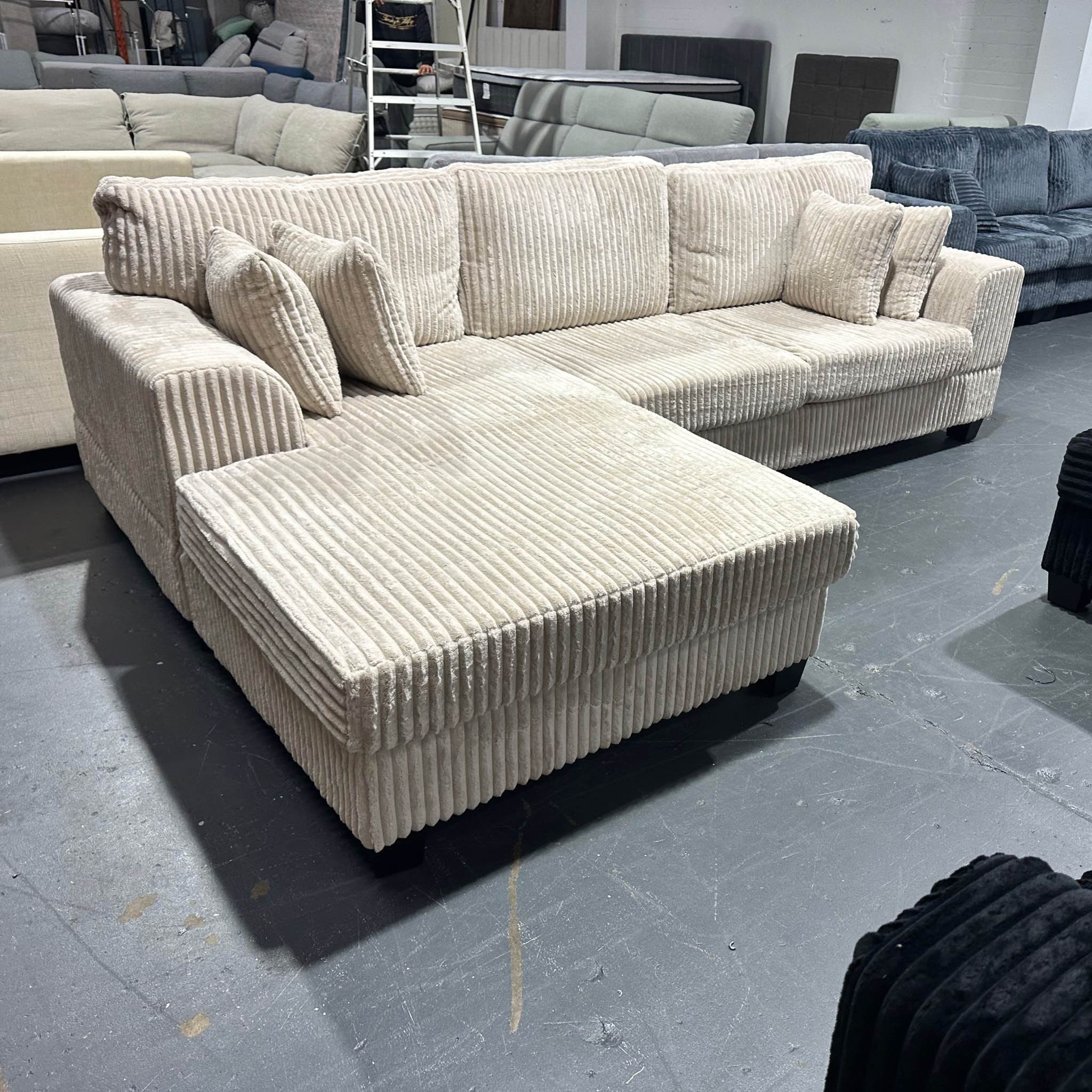 Khurshed Mustafoyev Facebook ad: JUST LANDED, BRAND NEW CORDUROY CHAISE SOFA! CREAM BLACK…