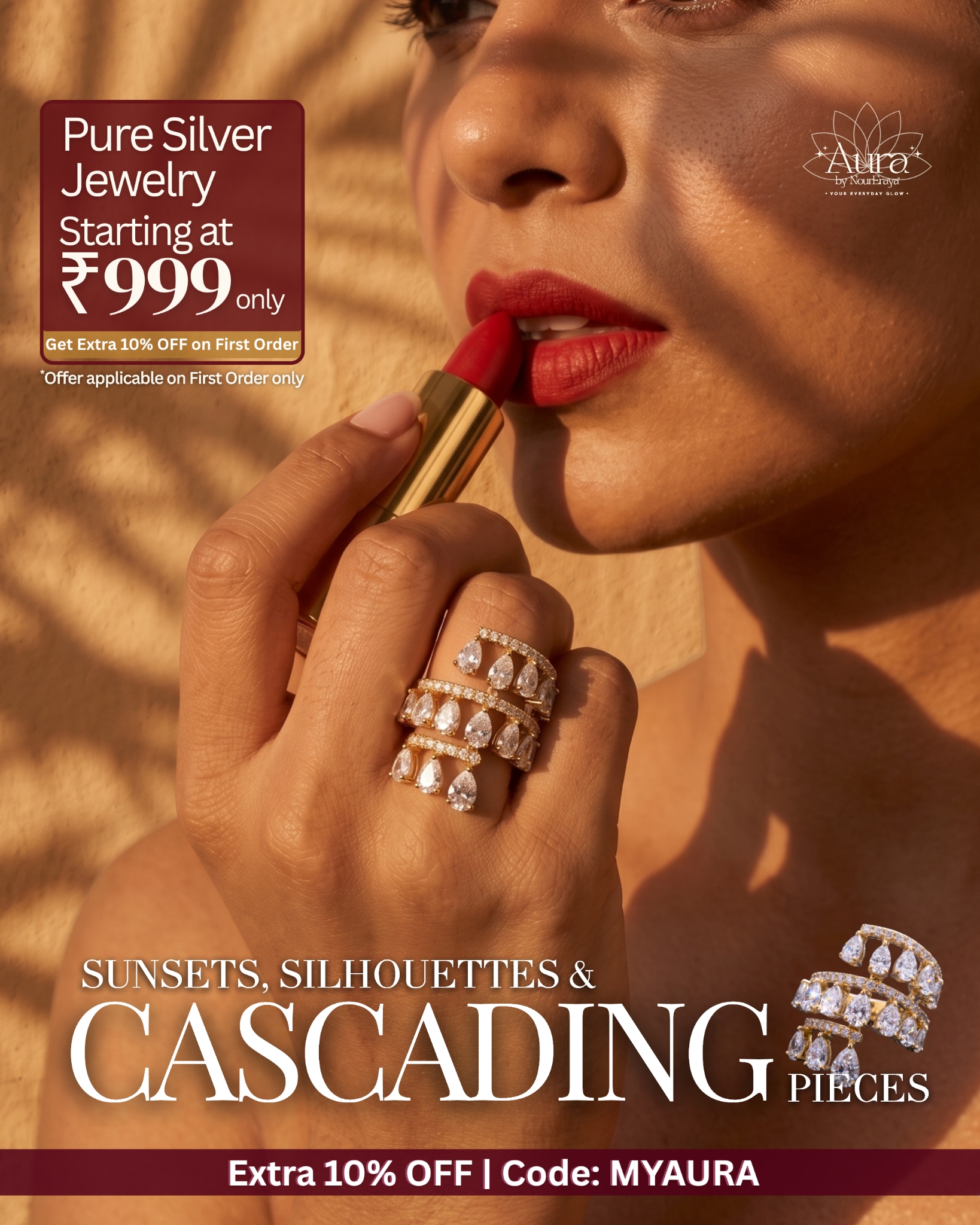 Aura by NourEraya Facebook ad: The Cascading Silver Ring | Extra 10% OFF