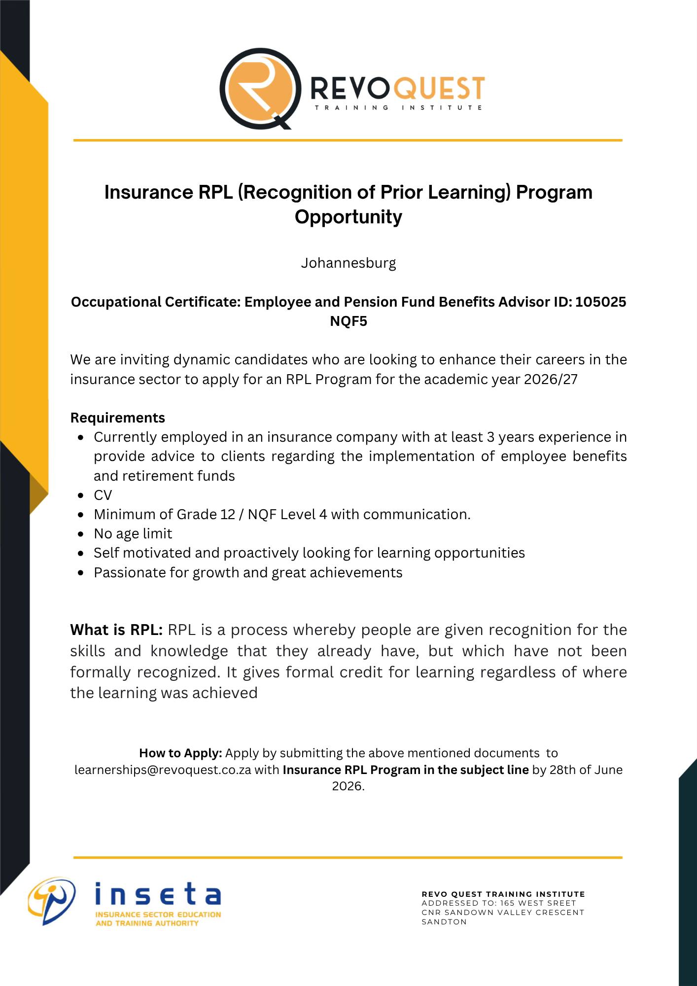 Revo Quest Institute Facebook ad: Last hance to level up your insurance career…