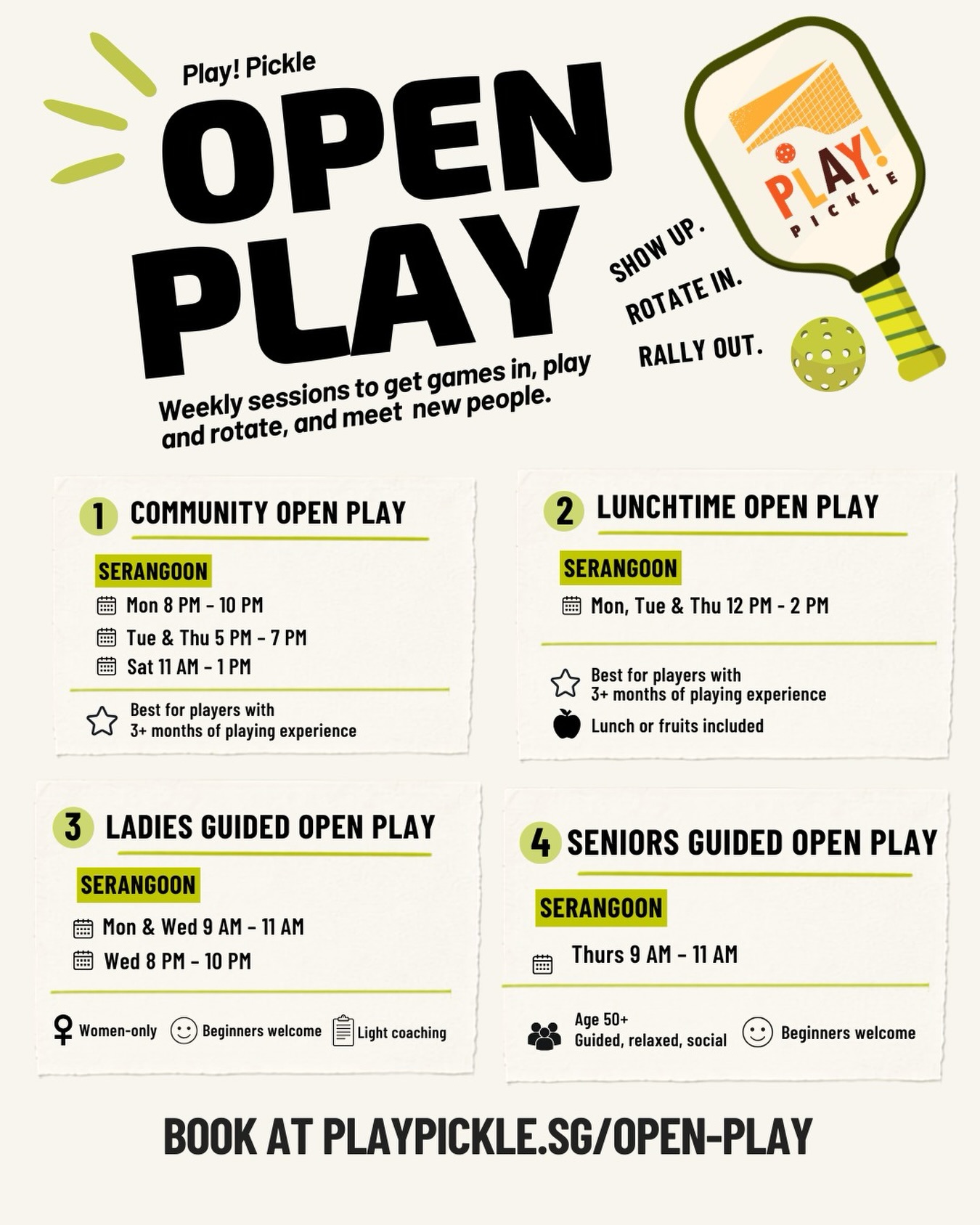 playpicklesg Facebook ad: Pickleball Open Play, your way (with air-con!