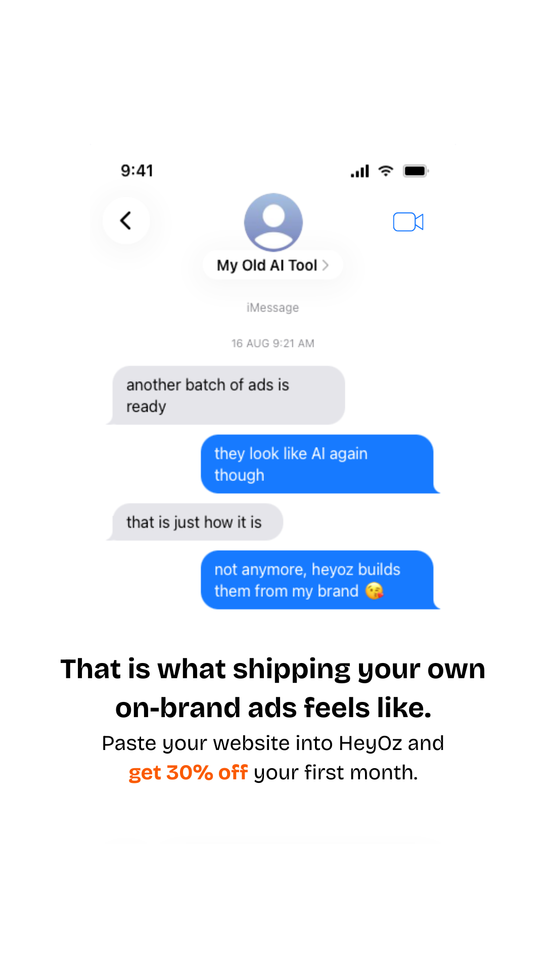 Oz: AI Marketing Platform Facebook ad: One URL. A week of ads.