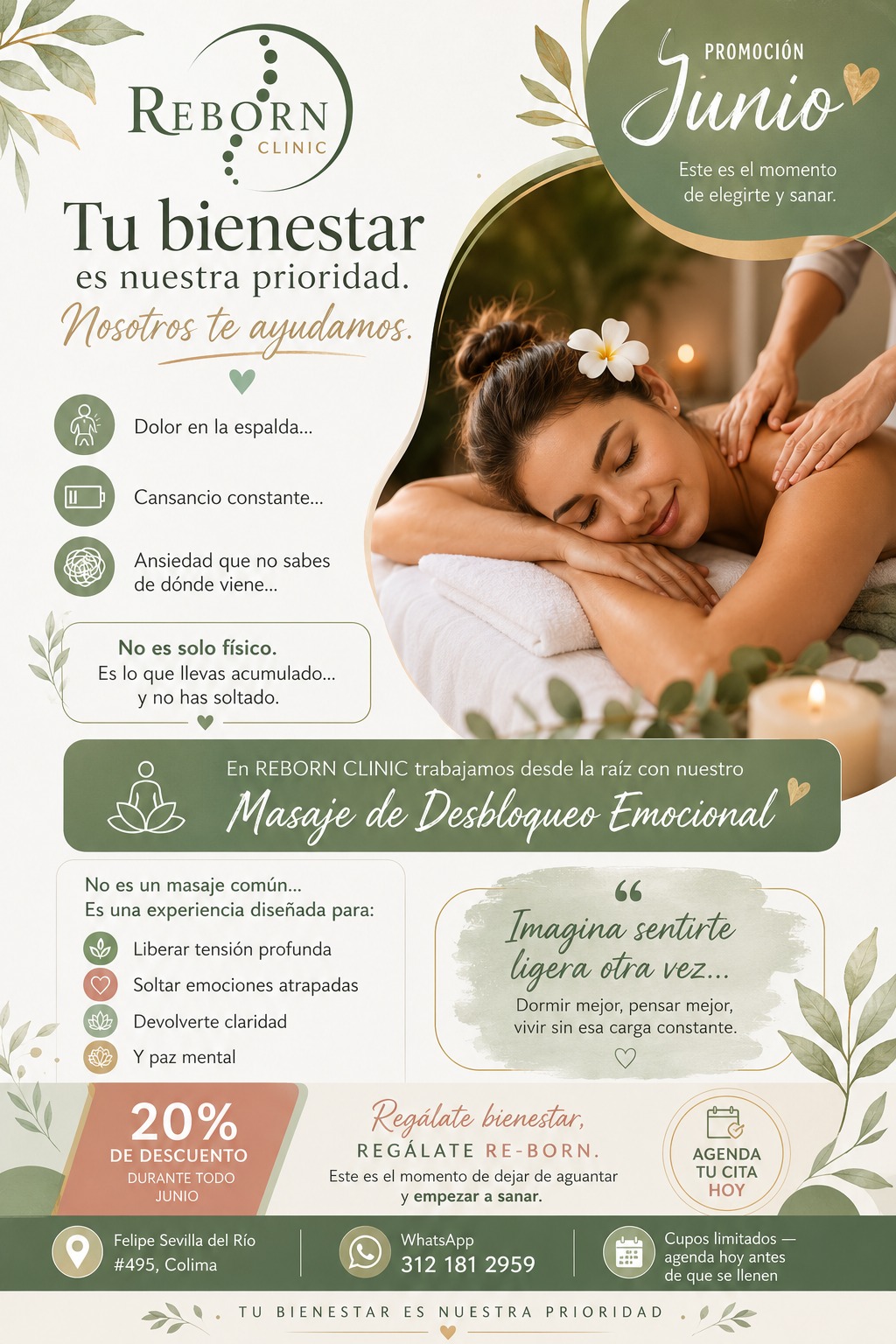 Reborn Clinic Facebook ad: ยฟDolor de espalda, ansiedad, cansancio constante o estrรฉsโฆ