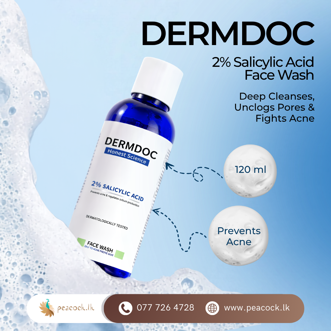 Peacock.lk Facebook ad: DERMDOC 2% Salicylic Acid Face Wash 120ML
