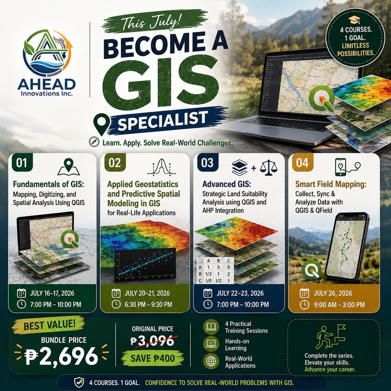 AHEAD Innovations Inc. Facebook ad: BECOME A GIS SPECIALIST THIS JULY!
