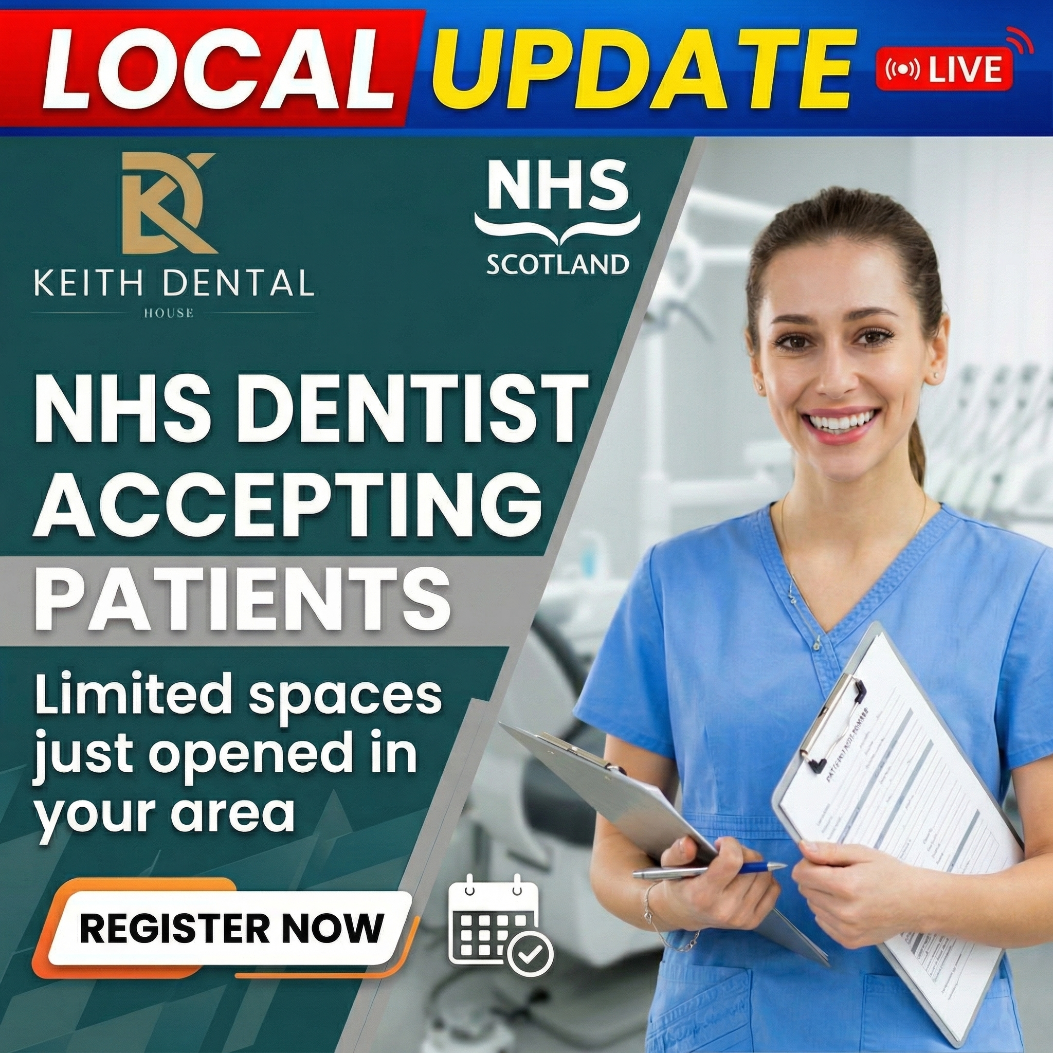 Keith Dental House Facebook ad: Stop Searching, Start Smiling! (NHS Open)