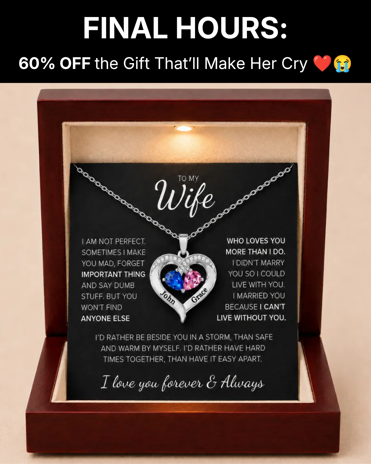 EG Personalized Jewelry Facebook ad: 60% OFF Birthstone Necklace, While Stock Lasts