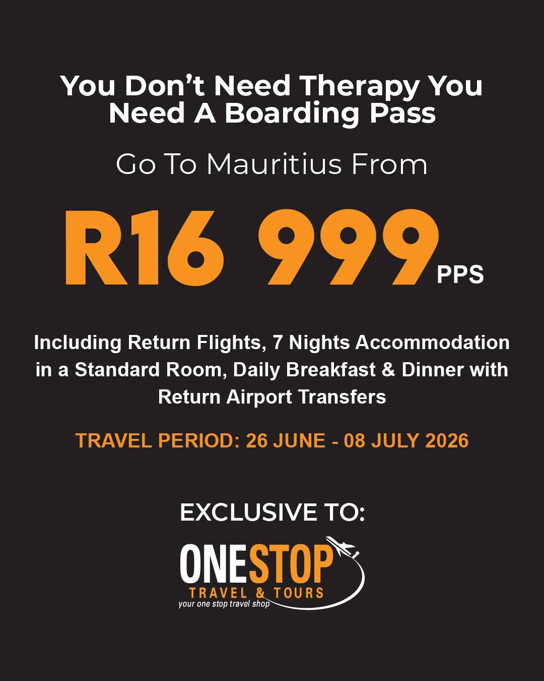 One Stop Travel & Tours Facebook ad: This incredible package includes return flights and 7…