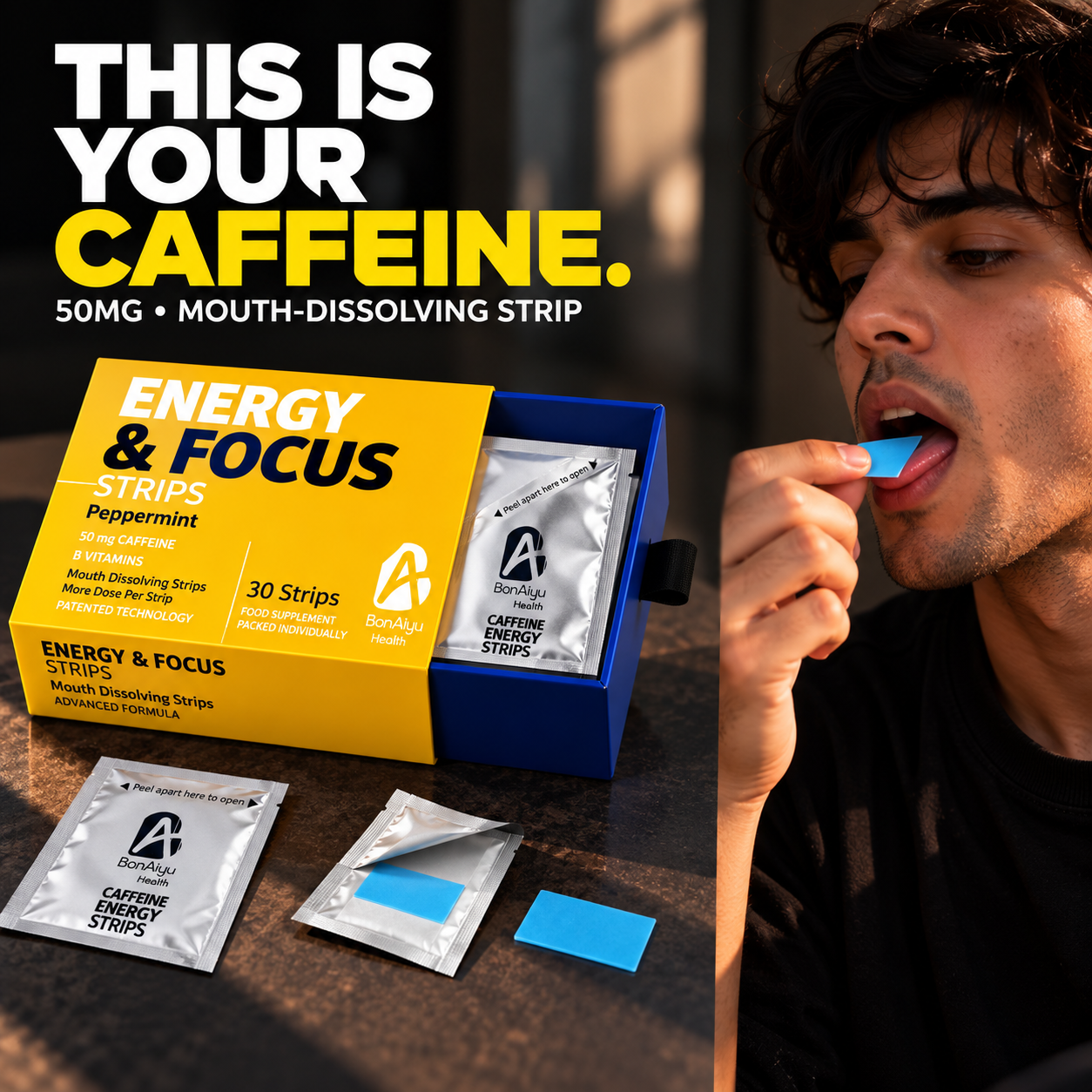 BonAiyu Health Facebook ad: Meet Caffeine In A Strip
