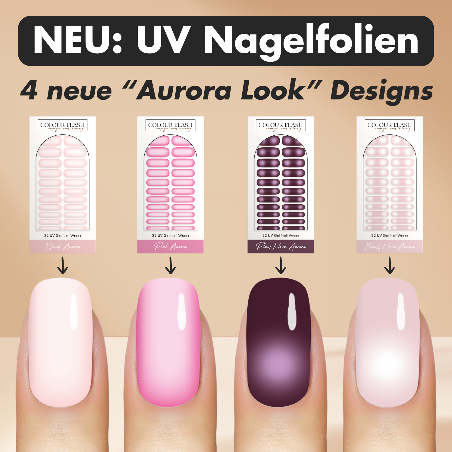 Colour Flash Facebook ad: 4 Neue UV Nagelfolien Designs im trendy Aurora Look bei…