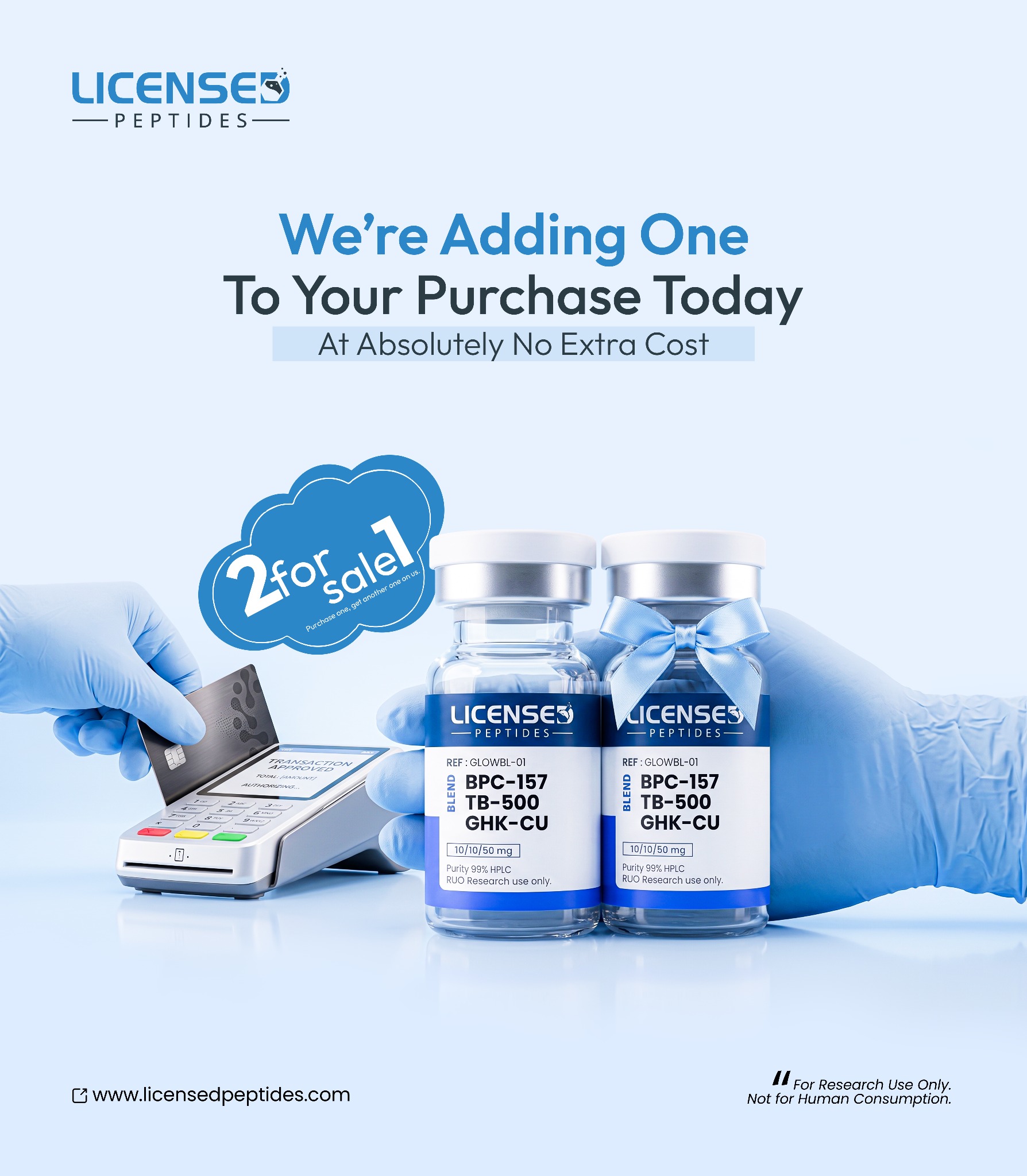 Licensedpeptides.com Facebook ad: 2 FOR 1 SALE, LIMITED TIME